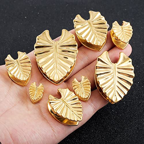 Earblity 2Pcs 10Mm/00G Gold Novelty Leaf Saddle Hanger Gauges Plugs For Stretched Ears, Hypoallergenic 316 Stainless Steel Ear Tunnels Gauges Body Piercing Jewelry For Men Women #TOP3