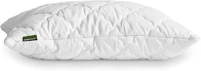 WOOLROOM - Quilted Wool Pillow, Standard Size - Luxury Hypoallergenic Bed Pillow, Temperature Regulating Feather and Down Alternative - British Wool, Medium Firm Comfort, White