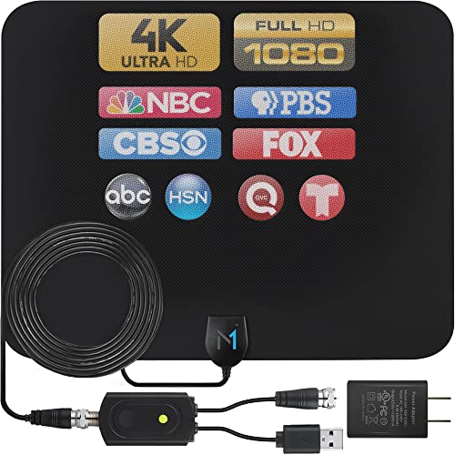 [Early Release 2022 Chip] HDTV Indoor Antenna Black Long Range 330 Mile Signal Reception; Hi-Power Amplified Antenna + 16.5 ft Coax Cable; Supports All HD Digital TV formats; Mata1 (US Company)