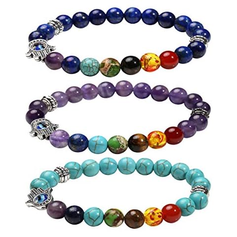 Manfnee 3PCS 7 Chakra Evil Eye Bracelet Reiki Healing Balancing Beaded Bracelet for Men Women Cover