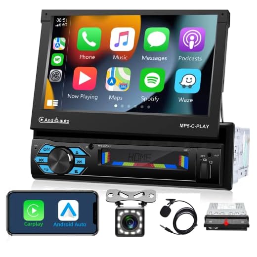 Single Din Apple Carplay Car Stereo with Android Auto Bluetooth,7 Inch Flip Out Touchscreen Car Radio,Car Audio Receivers Support Phone Mirror Link,with FM Radio/Backup Camera/USB TF AUX-in Port