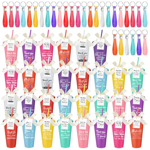 Tioncy 30 Set Christmas Employee Appreciation Gift Bulk, 24 oz Plastic Tumbler with Lid and Straw, Reusable Coffee Cups Party Favor, with 30 Pcs Keychain, Bow-knot, Card (Grateful)
