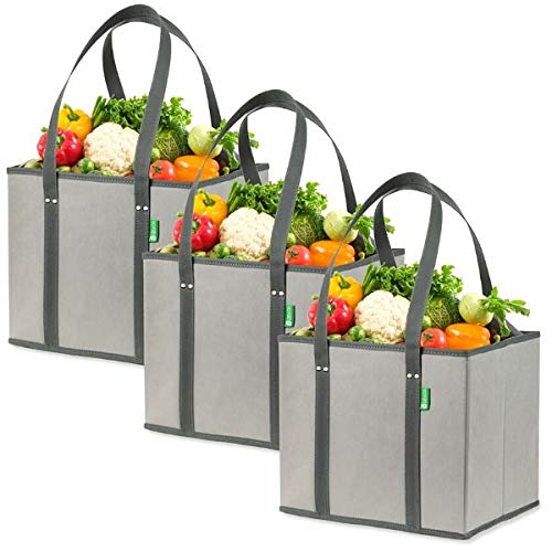 Reusable Grocery Shopping Box Bags (3 Pack - Gray). Large, Premium Quality Heavy