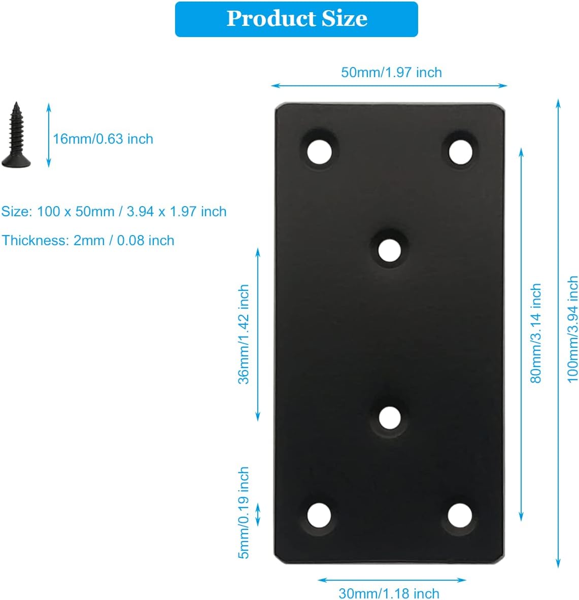 4 Pcs Black Flat Mending Plate Stainless Steel Flat Bracket 4 x 2 inch Metal Straight Brace Repair Joining Fixing Mending Bracket for Wood, with Screws