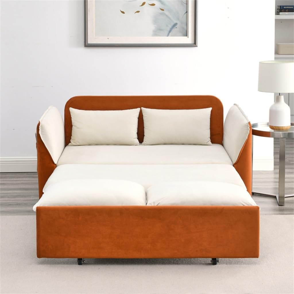 57" Convertible Sofa Bed with 2 Detachable Arm Pockets, Velvet Loveseat Multi-Position Adjustable Sofa