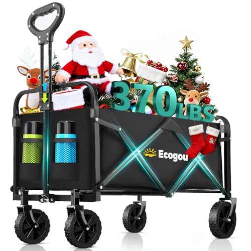 Ecogou Collapsible Wagon with Wheels, 370lbs Weight Capacity Foldable Beach Wagon with Flexible Handle Portable Utility Wagon Cart for Outdoor, Grocery, Garden, Camping