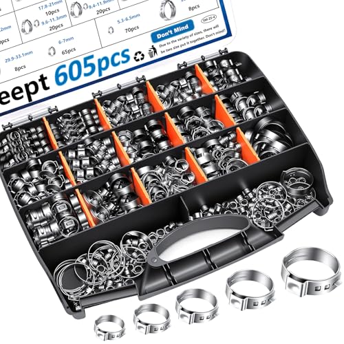 Image of 605Pcs 22 Sizes Single Ear Hose Clamps 5.3-33.1mm 304 Stainless Steel Crimp Hose Clamps Assortment Kit Perfect for Automotive /Home Appliance /Water Pipe and Fuel Line