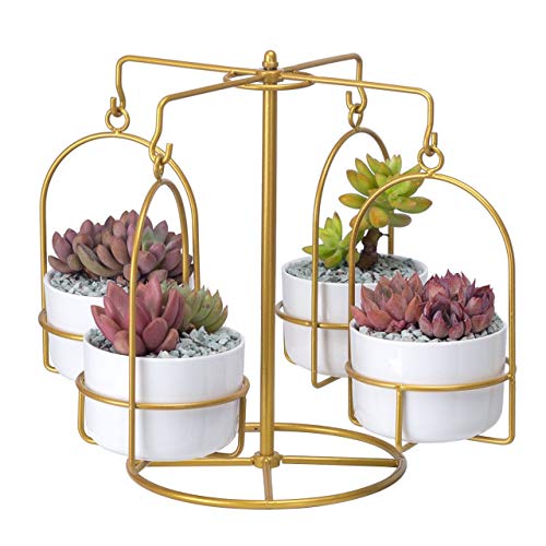 Tenloy Lot de 4 pots de fleurs en céramique moderne avec support rotatif en métal Blanc Cover