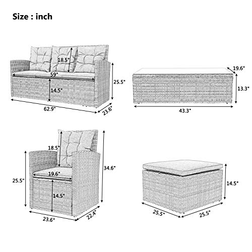 Godafa 5-Piece Outdoor Patio Furniture Set, All-Weather Pe Rattan Conversation Sectional Sofa With Cushion, Storage Bench And Coffee Table For Backyard Porch Poolside, Gray #TOP6