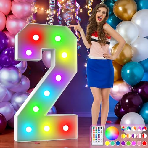 Image of 4FT Colorful Marquee Numbers,18-Color Number 2 with Remote Control Large Light Up Numbers Sign,Pre-Cut Foam Board Set for Party Decoration, Birthdays, Weddings, Graduations, Baby Anniversaries