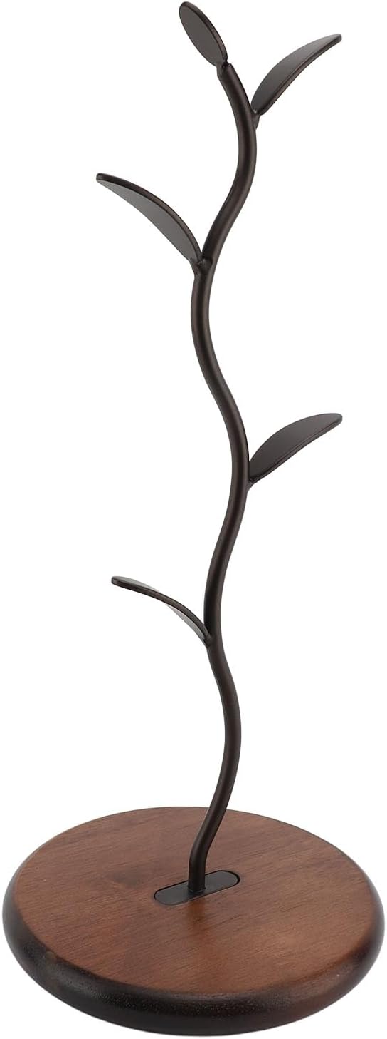 Pssopp Coffee Mug Holder Iron and Solid Wood Tea Cup Storage Rack for 4 Mugs Leaf Design Countertop Mug Tree for Kitchen Counter Coffee Bar Home Organization