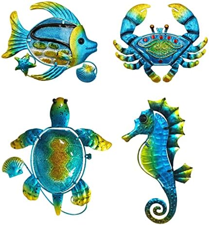 Wall Sculptures Metal Outdoor Wall Art Decor, Beach Pool Sea Decor Theme with Metal Sea Turtle Fish Crab and Seahorse Decor,Tropicalc Fish Decor, Beach Theme Metal Wall Decor for Bathroom, Bedroom.