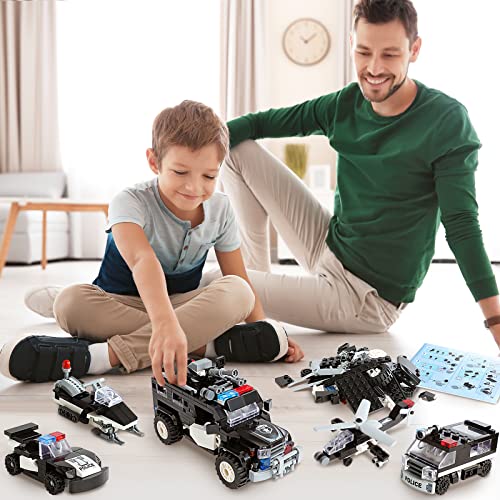 City Police Swat Building Block Set - 8 In 1 Black Armored Swat Vehicles With Cop Cars, Helicopter, Motorbike, Best Roleplay Stem Toy Best Gift For Boys Kids Age 6-12 #TOP1