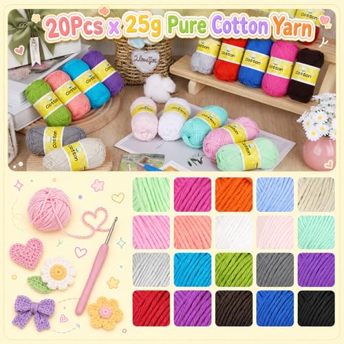Image of Coopay Mini Cotton Yarn for Crocheting -1OO% Pure Cotton Crochet Yarn of 20 Pack 25g /0.88oz -#2 Sport Weight -90Yds, Soft Breathable Baby Yarn Set for Knitting Crafts, Gifts for Beginners & Crocheters