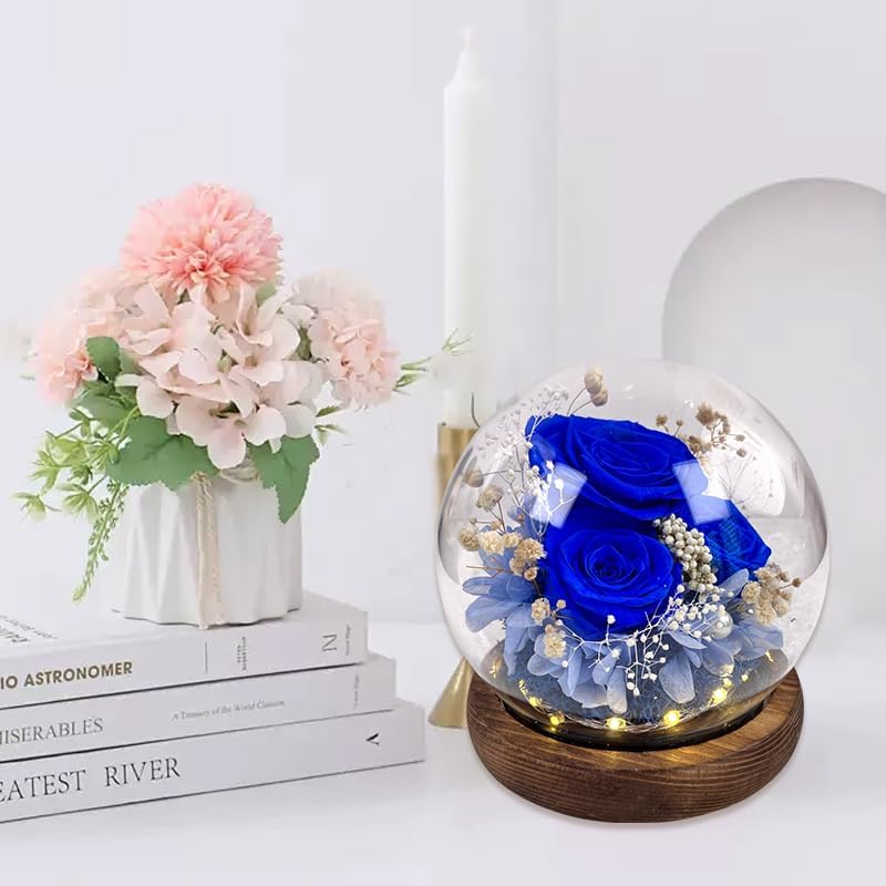 Preserved Royal Blue Rose Arrangement in Glass Dome, LED Light Base, 3 Roses with Blue Hydrangea, 4.7 inch Diameter - Image 8