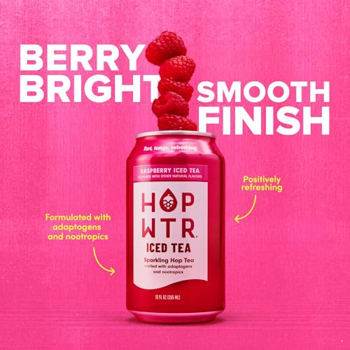 Image of HOPWTR Raspberry Iced Tea, Non Alcoholic Sparkling Tea with Adaptogens, Nootropics & Vitamin C, Zero Sugar Zero Calorie Functional Beverage, Gluten Free Hop Water Drink (12 Pack, 12oz Cans)