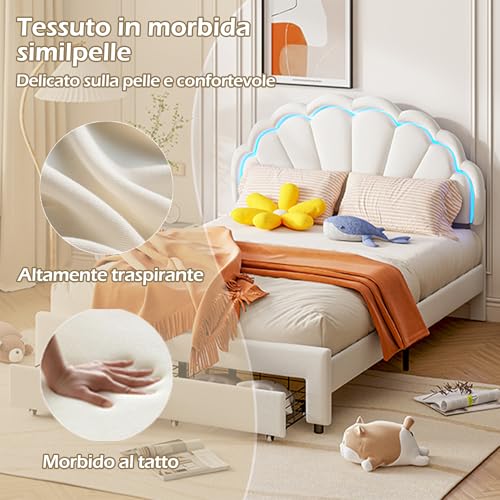 Miniatura 5 de Cama Infantil Tapizada, 140 X 200 Cm, Cama Infantil Con Led, Marco Individual De Flores Con Somier, Cabecero Ajustable, Tela De Terciopelo Cama Princesa. Blanco Tela De Terciopelo, 140 X 200