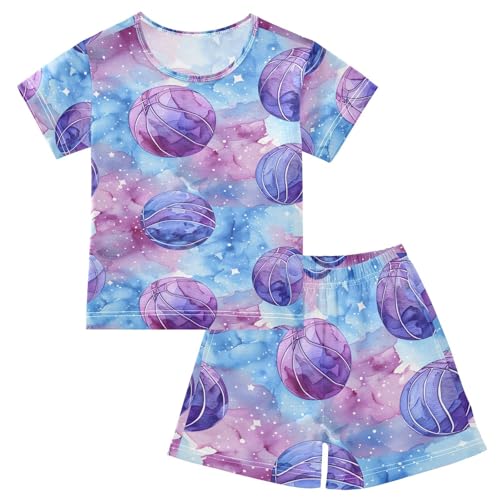 ALAZA Basketball Watercolor Blue Pajamas Set Short Sleeve Cotton Sleepwear Summer Pjs 2 Piece 5-14Y