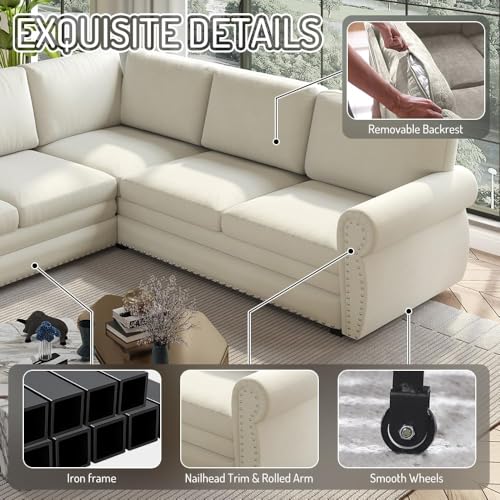 Image of KCGKCG 118 inch Sleeper Sofa Bed, Sectional Couches for Living Room /Apartment, Chenille L Shaped Couch with Pull Out Couch Bed, Convertible Sectional Sofa with Rolled Arm & Nailhead Trim, Beige
