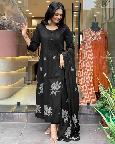 Image of GoSriKi Women's Rayon Blend Anarkali Printed Kurta with Pant & Dupatta | Ethnic Kurta Pant Dupatta Set for Women | Traditional Indian Wear Outfit