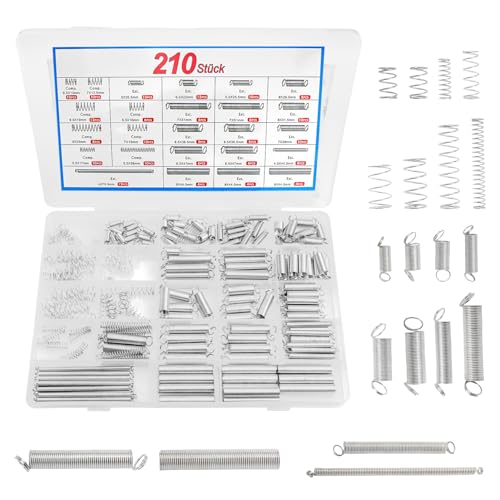 210 Stück Zugfedern Set, Kleine Spiralfedern Druckfedern Sortiment, Edelstahl Metallfedern Set, Springs, Verschiedene Torsionsfeder Set für DIY Reparaturprojekte Automobilreparaturen(20 Größen)
