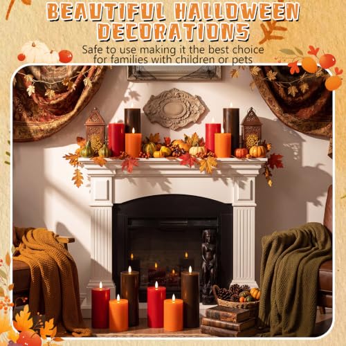 Image of Retisee 3 Pcs Fall 6 /8 /12 Inches Flameless LED Candles with Remote and 2 /4 /8h Timer Red Orange Brown Battery Operated Wax Flickering Candles for Autumn Thanksgiving Harvest Party Desktop Home Decor