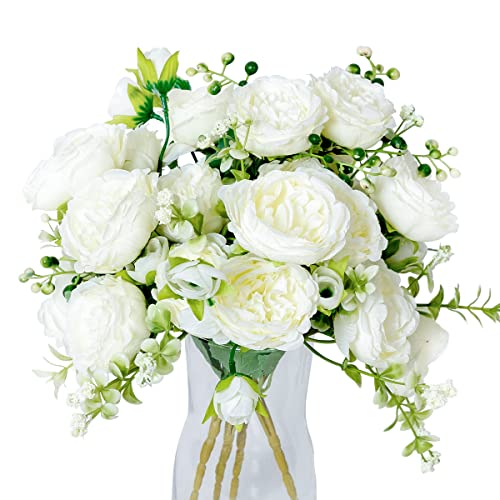 JUSTOYOU Lot de 4 bouquets de pivoines artificielles avec 20 têtes de fleurs artificielles en soie pour mariage, maison, table, fête, décoration de fenêtre (blanc)
