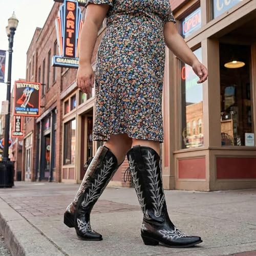 Image of Uillnoodu Wide Calf Cowboy Boots Women Adjustable Lace Up Knee High Tall Plus Size Cowgirl Boots Western Style Comfortable 2-Inch Heel
