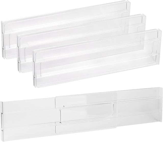 4 Pack Drawer Dividers, Plastic Drawer Separators, Adjustable Drawer Organisers, 10.8"-20.5" Expandable Drawer Organiser, Clear Plastic Drawers Separators for Clothing, Office Kitchen Drawer Divider
