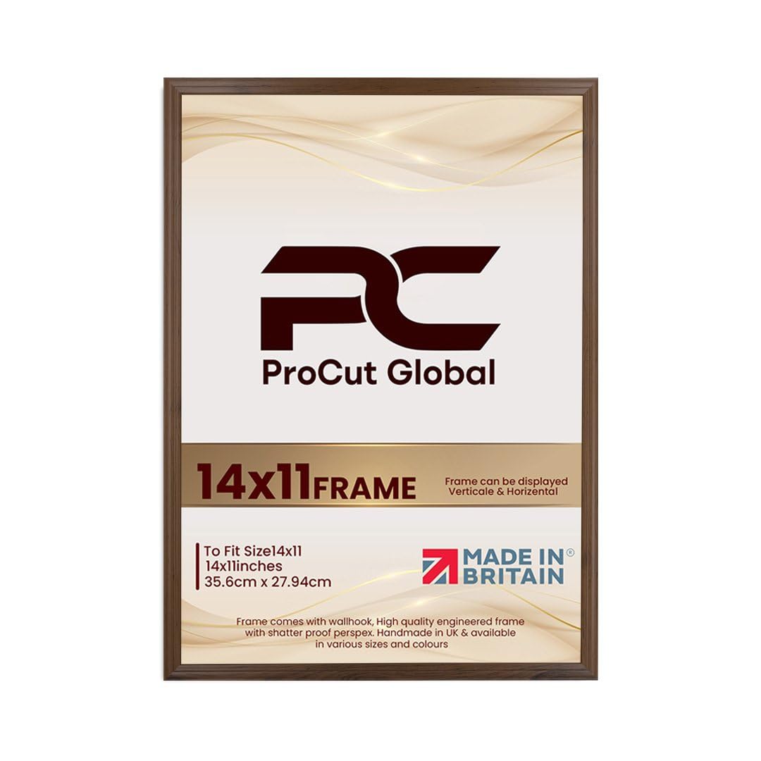 Procut Global 14X11 Walnut Picture Frames - Classic Wooden Photo Frame with Shatterproof Perspex for Wall or Tabletop - Perfect for Posters, Certificates & Prints - Sizes & Colors Available