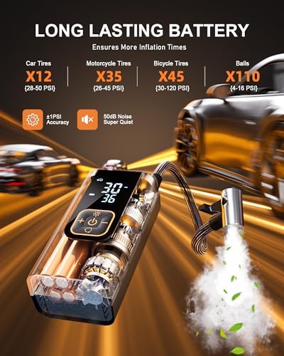 QKMPOM 180PSI Tire Inflator Portable Air Compressor, 6X Faster Air Pump for Car Tires with Digital Pressure Gauge, 12V DC Adapter, LED Light, Portable Tire Inflator for Car, Motorcycle, Bike, Balls — view 2