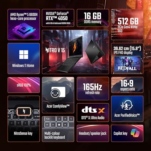 Image of acer Nitro V 15, AMD Ryzen 5 6600H Hexa-core Processor,NVIDIA GeForce RTX 4050-6GB GDDR6,16 GB, 512 GB, Full HD IPS, 15.6 inch /39.62 cm, 165 Hz, Win 11 Home,Obsidian Black, 2.1 kg, ANV15-41,Gaming Laptop