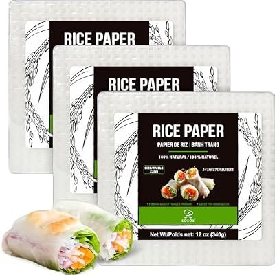 Soeos Rice Paper, White Rice Paper Wrappers, 3 Pack, 102 Sheets-Fresh Spring Roll Wrappers & Dumplings, Non-GMO, Gluten-Free, Low Carb, Vietnamese Rice Wraps (Square, 22cm)
