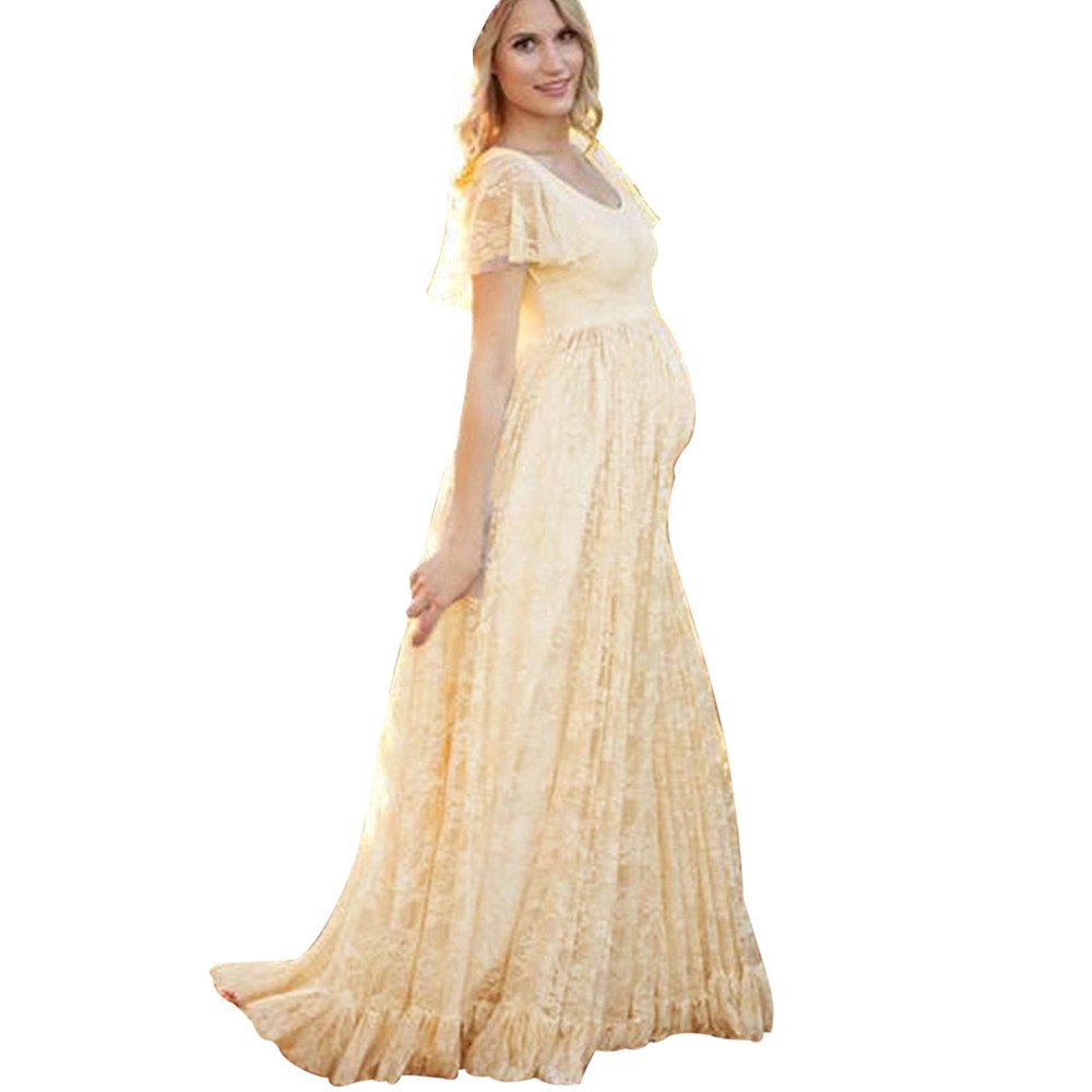 Maternity Floral Lace Dress Maxi Split V Neck Flying Sleeves Front Maternity Gown Bridesmaid Pregnant Long Dress For Photos Shoot,Plus Size （S-4XL (XXL, Yellow)