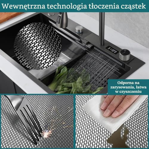 80 x 50 cm umywalka z wodospadem z cyfrowym wyświetlaczem, zlewozmywak z pojedynczym uchwytem, ze stali nierdzewnej, wielofunkcyjny zlew do domowego baru, z kompletnym zestawem akcesoriów