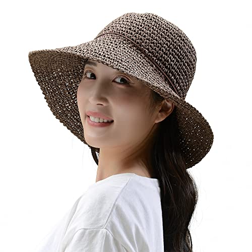 クーアイ(Kuai) レディース 帽子 手編み 麦わら帽子 つば広 ブレード帽子 ペーパーハット リボン付き UVカット 折りたたみ 軽量 おしゃれ (ブラウン)