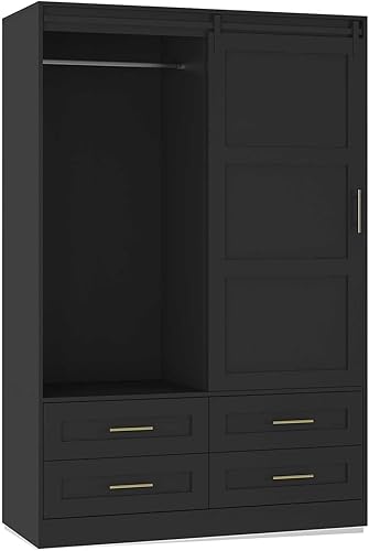 Armario de clóset con puerta corrediza estilo granero, armario con 4 cajones de almacenamiento y barra para colgar, armario independiente de madera