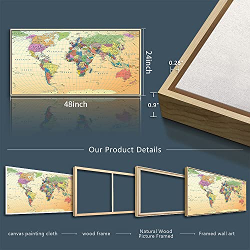 Vintage World Map Framed Canvas Wall Art For Office Large Size Wall Decor World Map Poster Office Canvas Pictures Artwork Boho Home Living Room Decorations Ready To Hang Natural Wood Framed 24" X 48" #TOP5