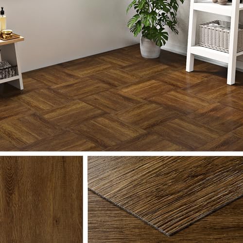 Livelynine Self Adhesive Floor Tile Wood Effect 30x30CM Peel and Stick Floor Tiles Bathroom Kitchen 32-Tiles Waterproof Vinyl Flooring Tiles Brown Wood Look Sticky Floor-Tiles Bedroom Living Room
