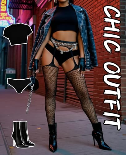 Image of Sesiwadbe Womens Fishnet Patterned Tights High Waist Suspenders Pantyhose Thigh High Stockings