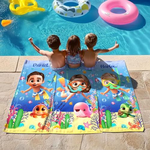 callie Serviette de Plage Personnalisée avec Motif Enfant Plongeur Animaux Marins 3D et Nom Cadeau Été Anniversaire Fête à la Plage pour Fille Garçon