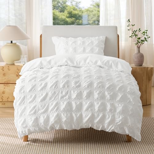 Bedsure Single Duvet Cover Set – White Seersucker Duvet Cover Sets, Puckering Textured Bedding Set, Soft Breathable Quilt Cover with Zipper Closure, 135x200 cm with 1 Pillowcase