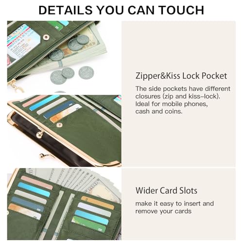 Image of GOIACII Womens Wallet Kiss Lock Bifold Leather Wallets for Women Green | Vintage Wallet for Women,Ladies Clutch Purse,Women's Card Holder Wallet with Zipper