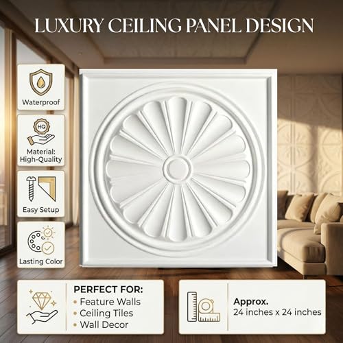 Image of Kayra Decor PVC Ceiling Panel 60x60 cm|Sunburst Panel|White|50 Tiles Cover 200 Sq Ft| Modern False Ceiling|Royal & Elegant Finish