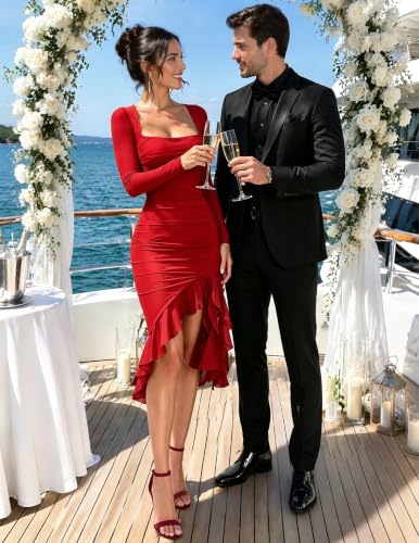 Image of BORIFLORS Women's Elegant Ruched Bodycon Midi Cocktail Dresses | Long Sleeve, Fall Winter, Square Neck, Ruffle Hem, Party Dress