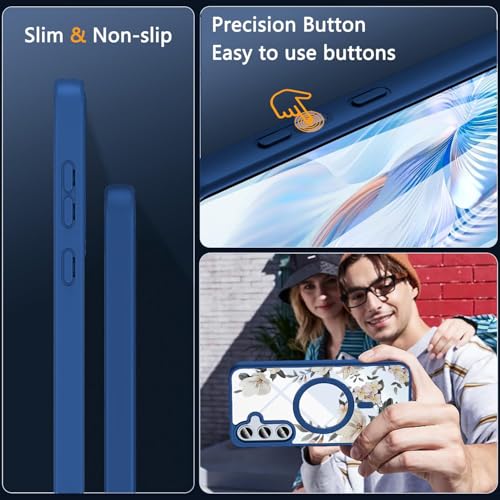 Image of VONZEE Compatible with Samsung Galaxy A16 5G Case Luxury Retro Flowers Floral Clear for Magnetic Wireless Charging Case Shockproof PC+TPU Cute Glossy Shiny Cover for Girls Women, Blue