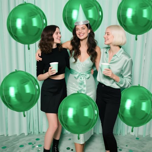 Image of 9 Pcs Green Round Foil Balloons,22 Inch Metallic Green Round Balloons | Giant 4D Round Ball Balloons Green For St Patrick's Day Birthday Baby Shower Jungle Safari Party Decorations