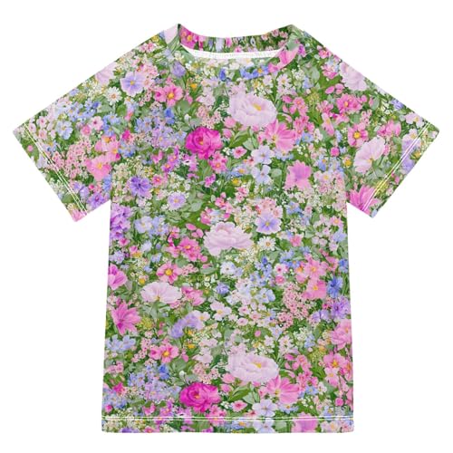 ALAZA Boys Swim Shirts Toddler Rash Guard Short Sleeve Rashguard Retro Floral Print UPF 50+ 11-12T