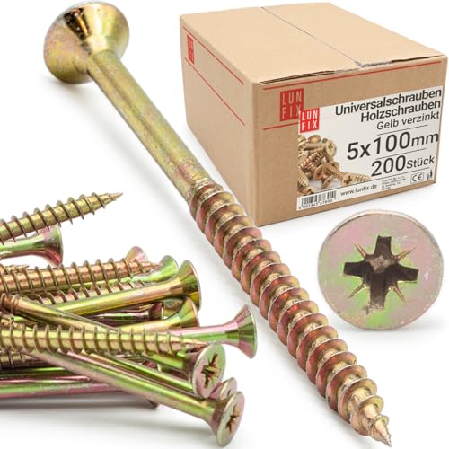 LUN FIX Lot de 200 vis universelles 5,0 x 100 mm - Cruciforme PZ2 - Tête fraisée - Vis à bois - Galvanisée jaune - Vis multi-usages - Vis cruciformes