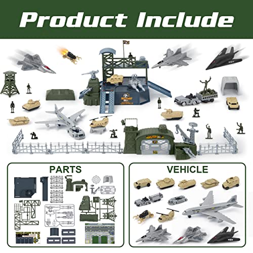 XDUOYJOY Army Toys, Military Airplane Tank Toy Sets with 13 Vehicles, Trucks, Helicopter, Fighter Jet, Play Mat with Army Men Action Figures and Accessories, Birthday Gift for Boys - Thumbnail 3
